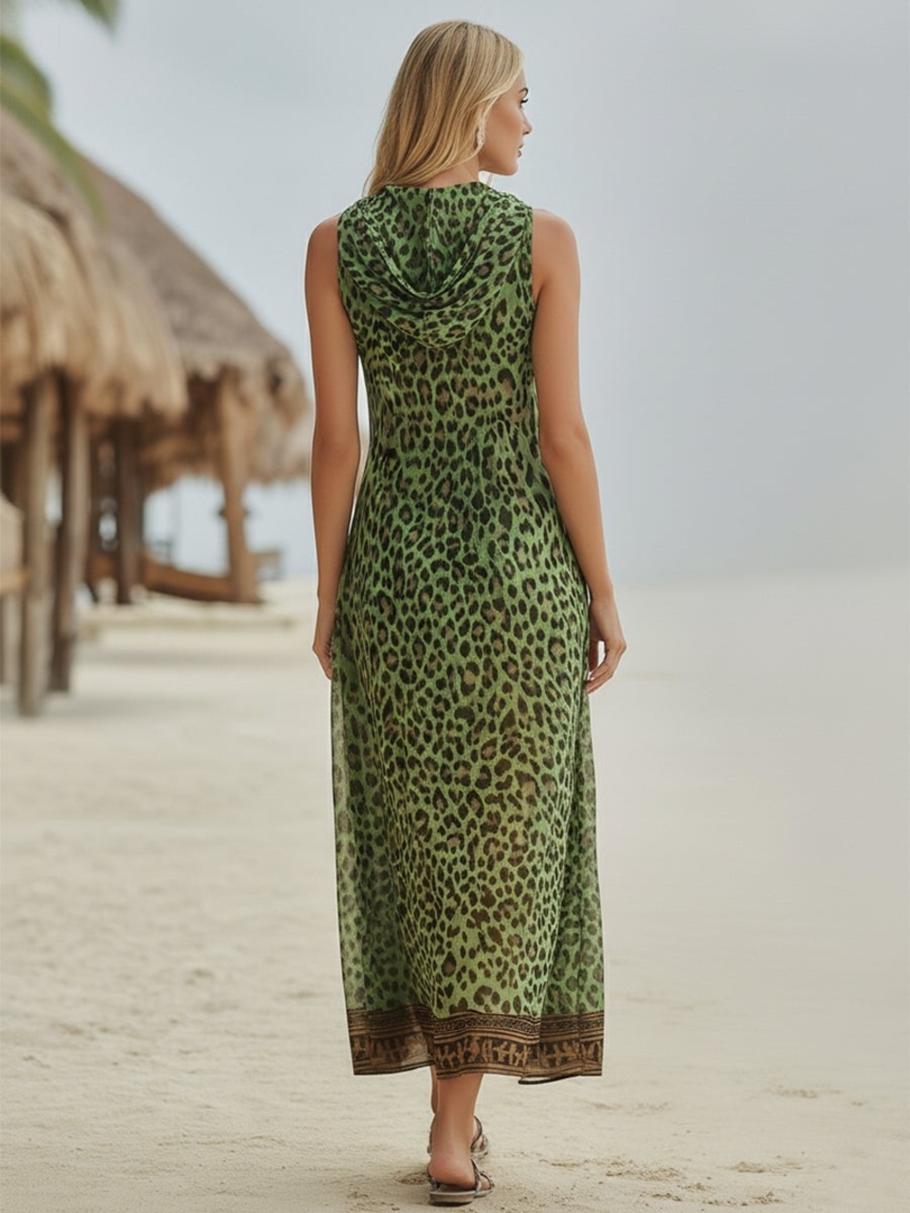 Morgan & Brook Retro Casual Green Leopard Print Chiffon Hooded Midi Dress Size S - Picture 2 of 12